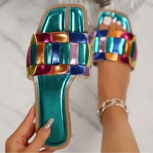 Women’s Metallic Slide Sandals – Color Block Woven Strap, Flat Comfort